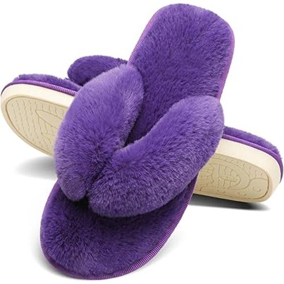 Joinfree Womens Large 9.5 Purple Fuzzy Thong Open Toe Flip Flop Slippers Shoes - Picture 5 of 7